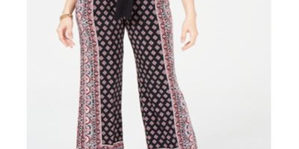 INC International Concepts Women's Printed Tie Waist Pants Black Size Petite S