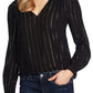 CeCe Women's  Striped Tie-Neck Top  Rich Black  Size Large