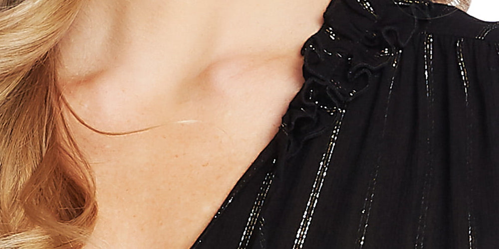 CeCe Women's  Striped Tie-Neck Top  Rich Black  Size Large