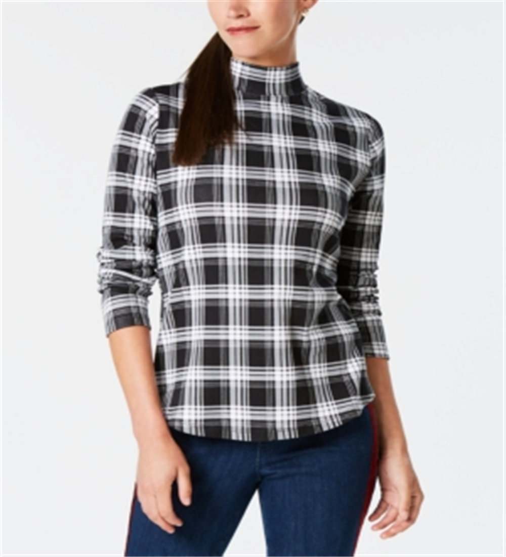 Charter Club Women's Cotton Plaid Top  Black Size Large