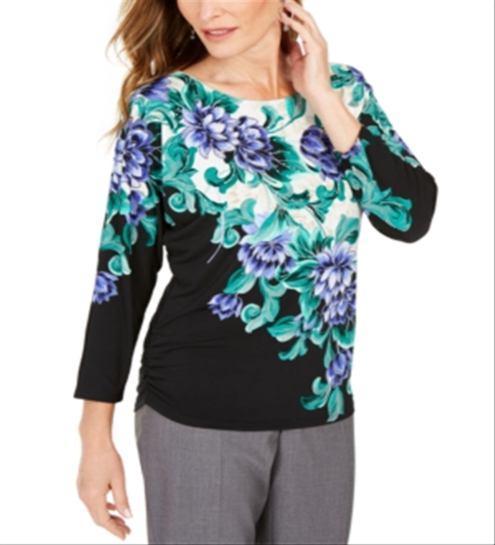 JM Collection Women's Printed Embellished Dolman Sleeve Top Black Size Large