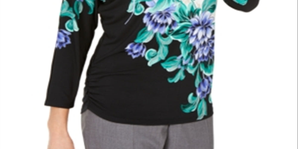 JM Collection Women's Printed Embellished Dolman Sleeve Top Black Size Large