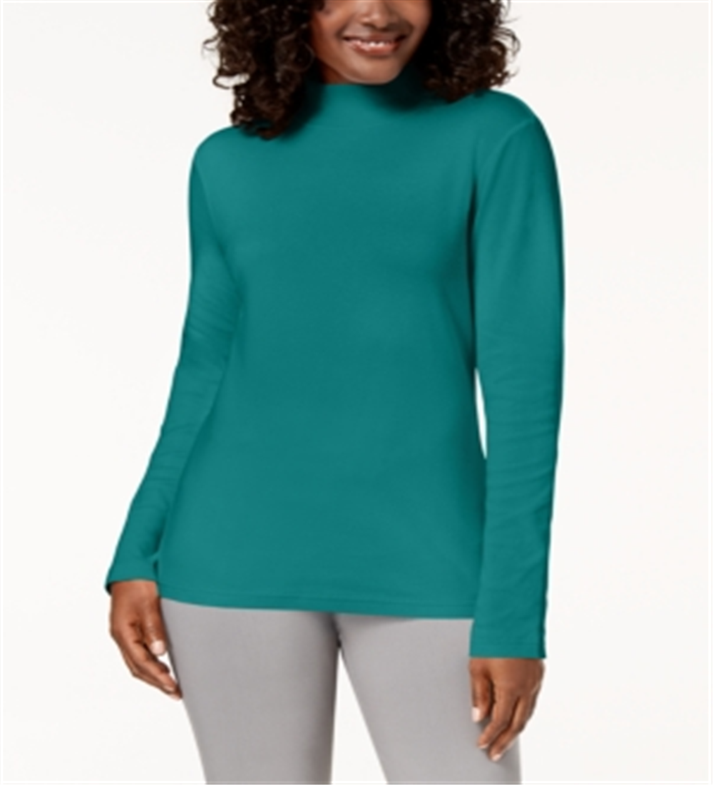 Karen Scott Women's Long Sleeve Mock Neck Cotton Top Green Size Petite L