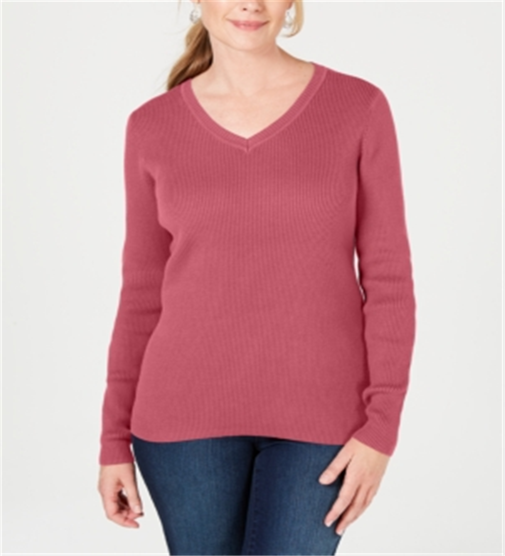Karen Scott Women's Cotton V Neck Sweater Pink Size X-Large