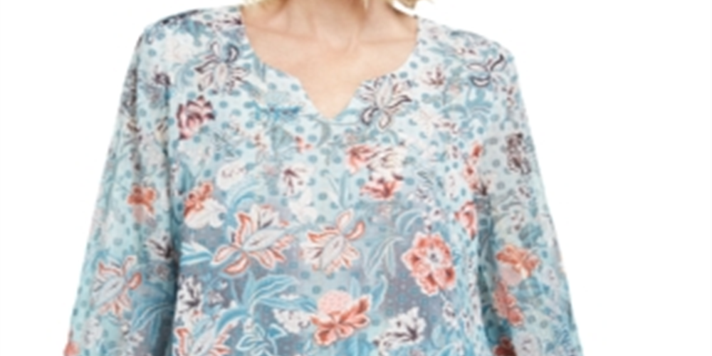 JM Collection Women's Split Neck Chiffon Tunic -Blue Size Small