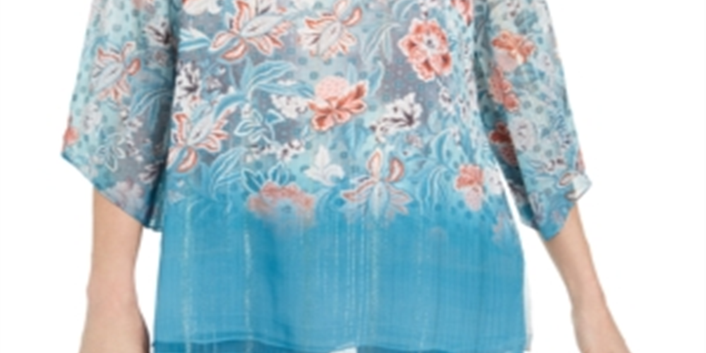 JM Collection Women's Split Neck Chiffon Tunic -Blue Size Small