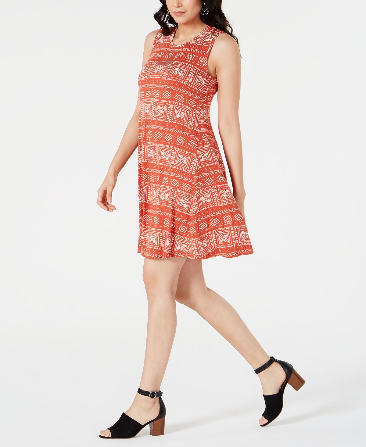 Style & Co Women's Printed Sleeveless Dress Orange Size Small