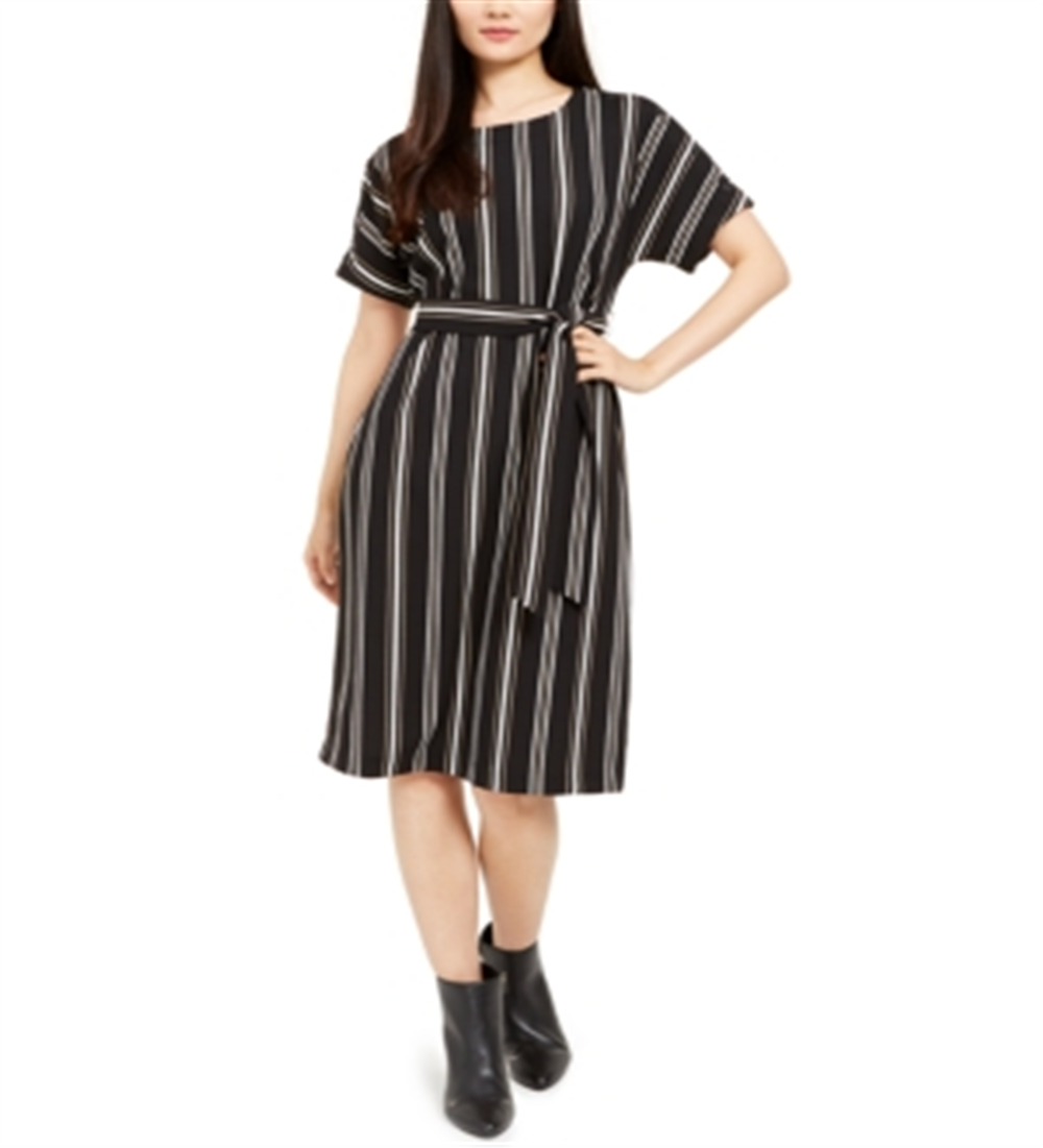Alfani Women's Striped Short Sleeve Jewel Neck Knee Length Fit Flare Dress Black Size Large