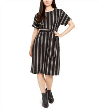 Alfani Women's Striped Short Sleeve Jewel Neck Knee Length Fit Flare Dress Black Size Large