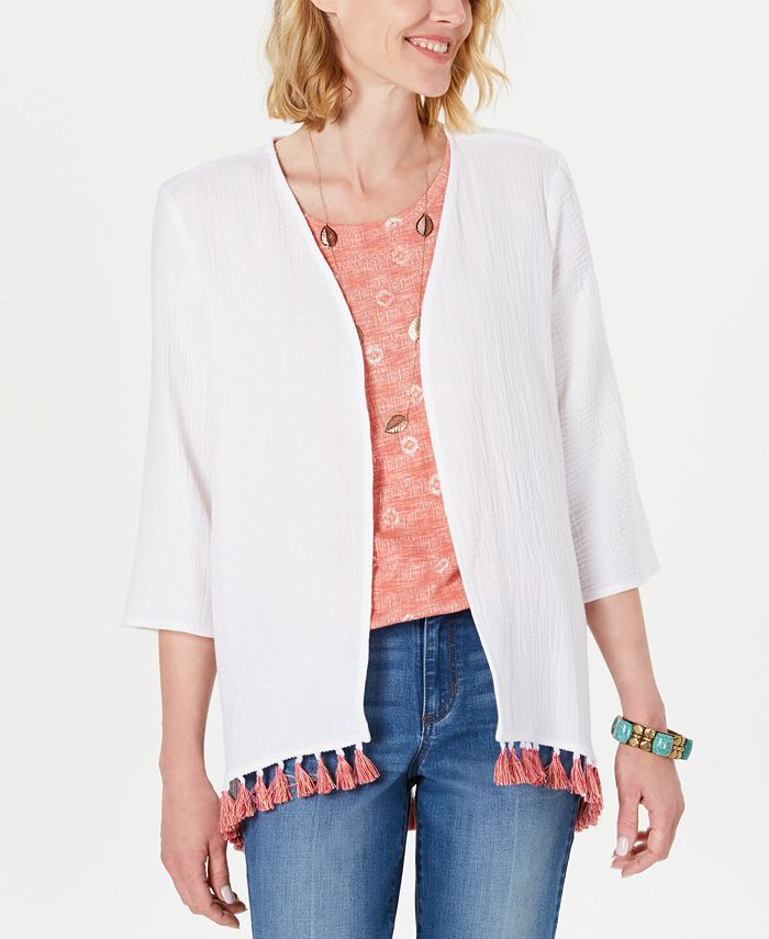 Style & Co Women's Cotton Tassel Trim Kimono Top White Size Small