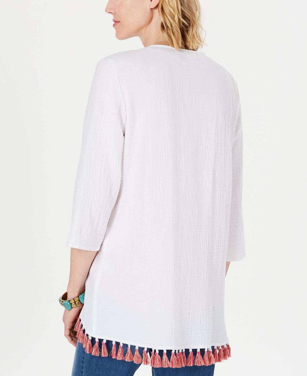 Style & Co Women's Cotton Tassel Trim Kimono Top White Size Small
