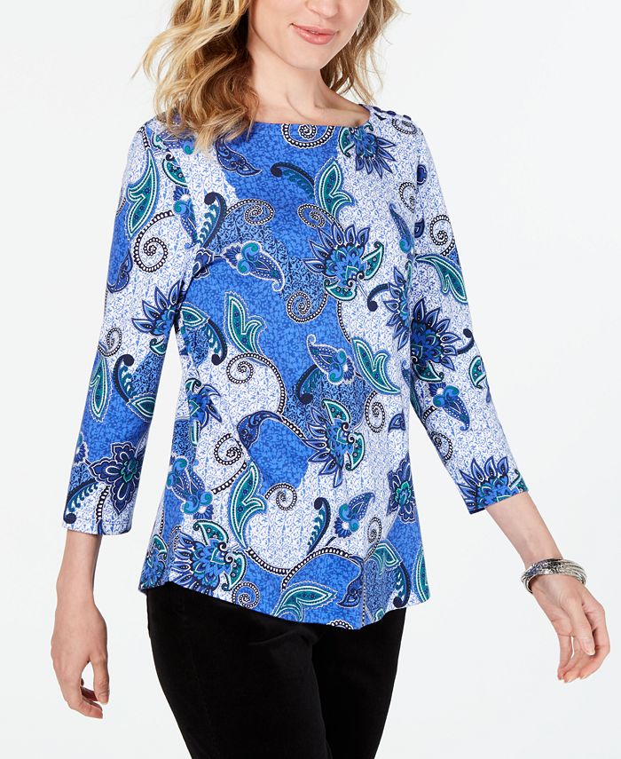 Charter Club Women's Printed Cotton 3/4 Sleeve Top Blue Size L