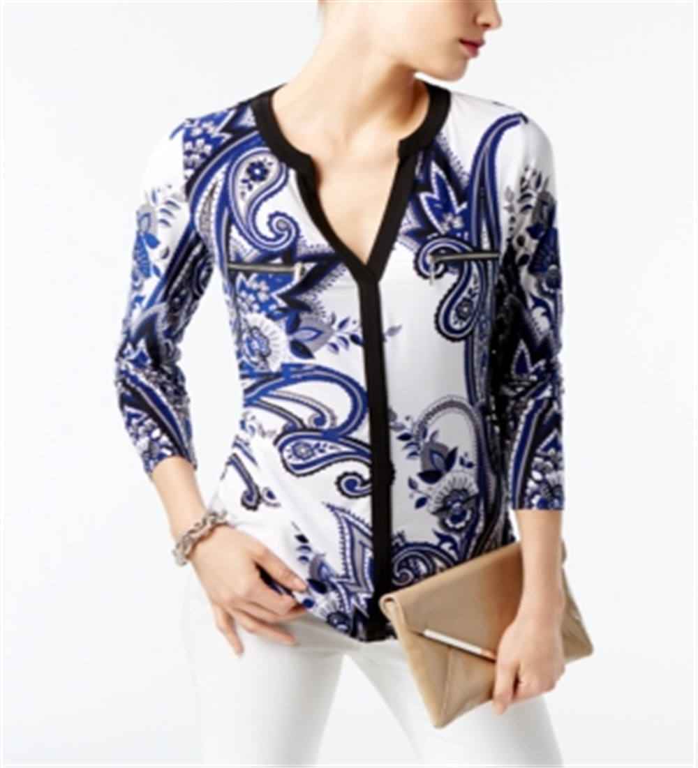 INC International Concepts Women's Printed Long Sleeve V Neck Top White Size Large