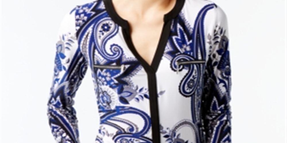 INC International Concepts Women's Printed Long Sleeve V Neck Top White Size Large