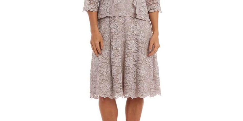R & M Richards Women's Glitter 3/4 Sleeve Jewel Neck MIDI Shift Evening Dress Brown Size 14