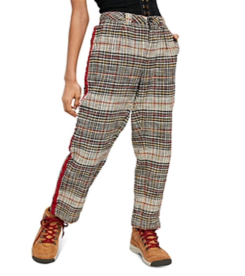 Free People Women's Good Vibes Plaid Straight Leg Pants Brown Size 0