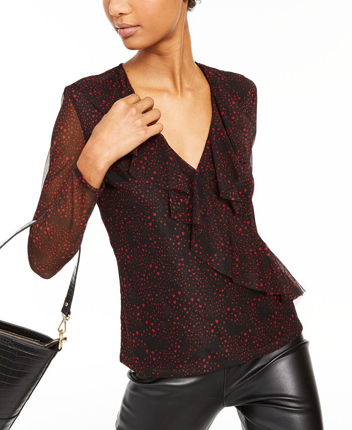 INC International Concepts Women's Ruffled Surplice Printed Top Black Size Small