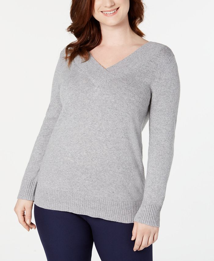 Karen Scott Women's V-Neck Solid Sweater  Smoke Grey Size XL