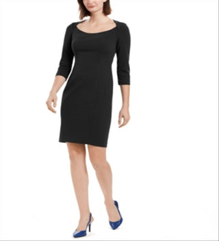 Calvin Klein Women's Zippered 3/4 Sleeve Scoop Neck Above the Knee Sheath Dress Black Size 2