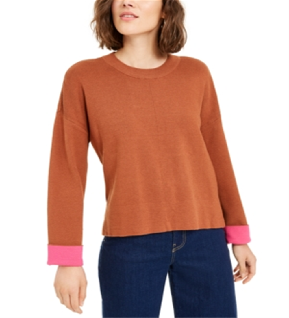 Bar III Women's Contrast Cuff Crewneck Sweater Orange Size XX-Large
