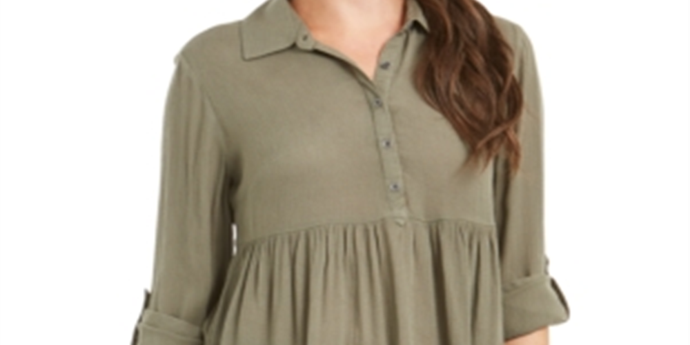 Style & Co Women's Roll Sleeve Oversized Shirt Green Size S