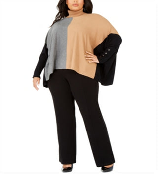 Alfani Women's Turtleneck Colorblock Poncho Sweater Brown Size 3X