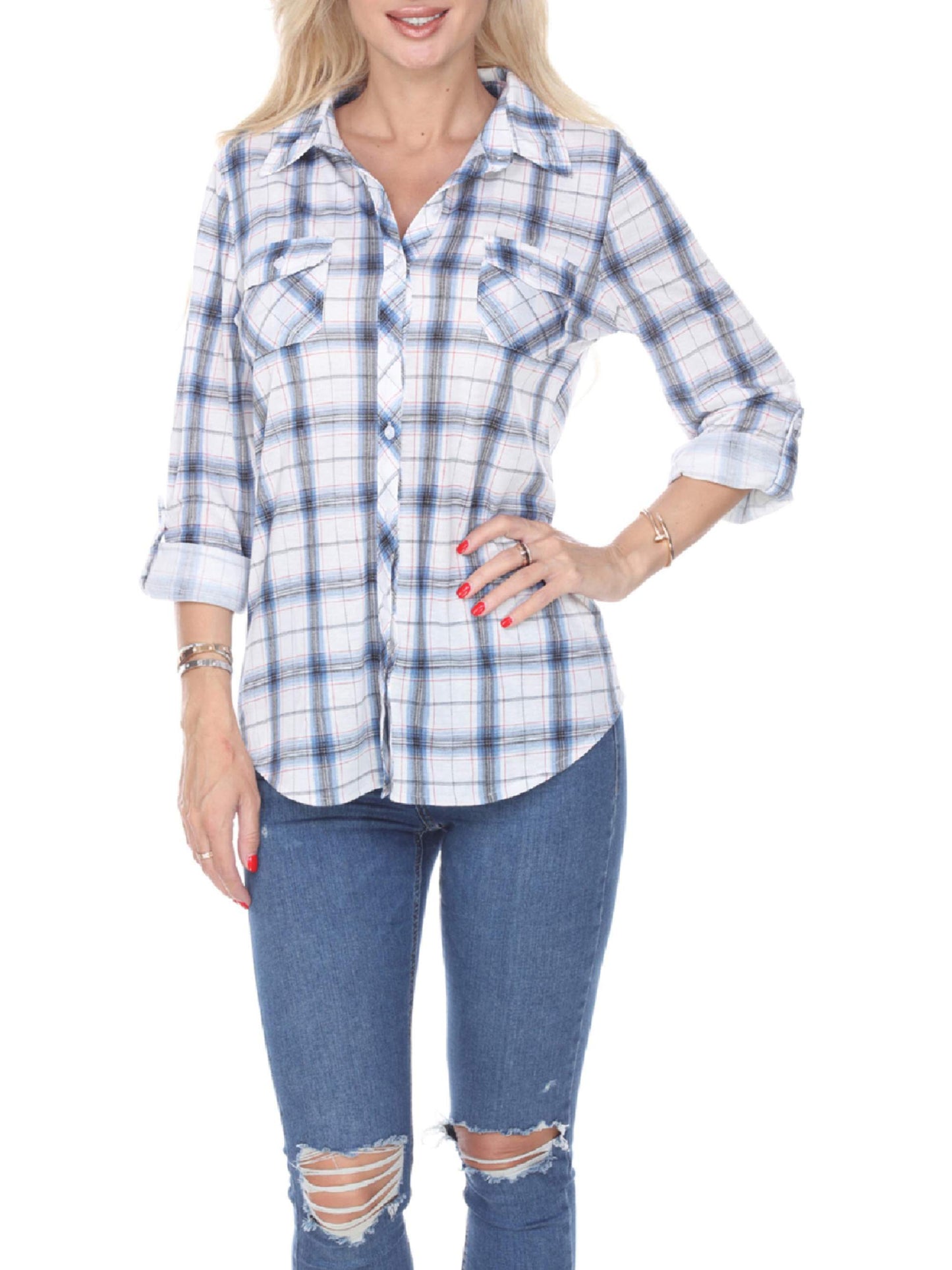 White Mark Women's Oakley Stretchy Plaid Top Blue Size Small