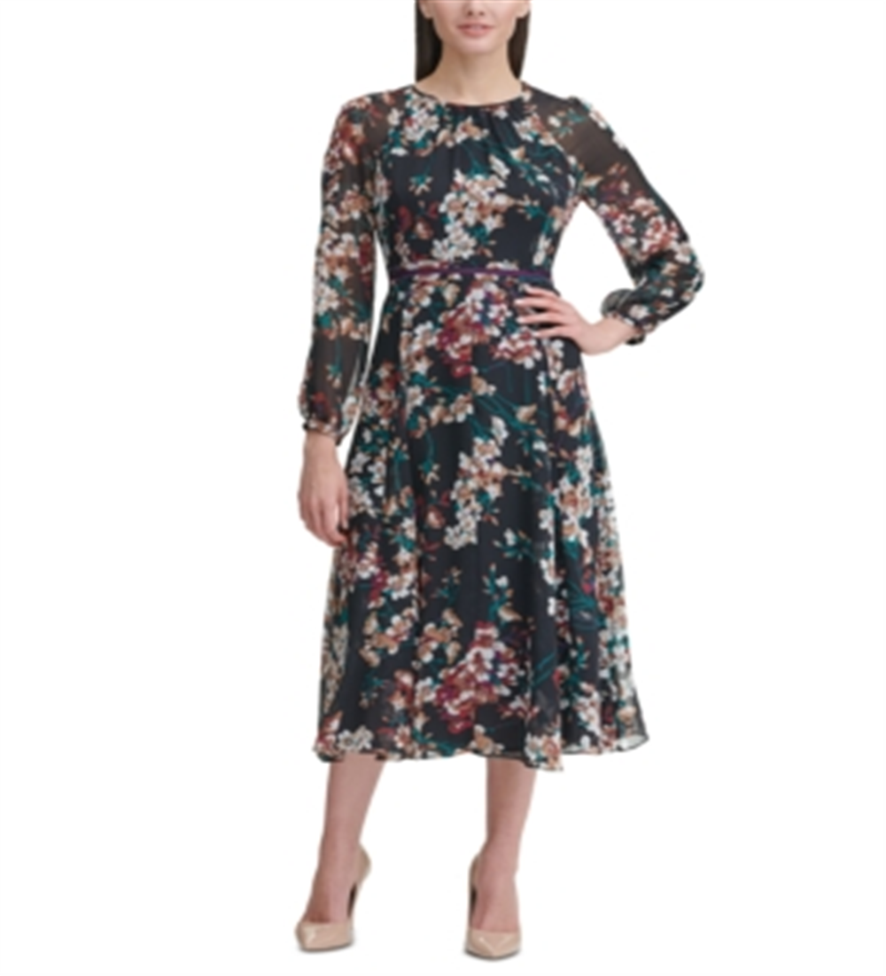 Tommy Hilfiger Women's Long Sleeve Floral Print Chiffon Shift Dress Black Size 8P