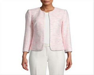 Anne Klein Women's Tweed Open Front Collarless Blazer Pink Size 4