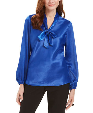 Kasper Women's Tie Neck Blouse Blue Size Petite X-Large