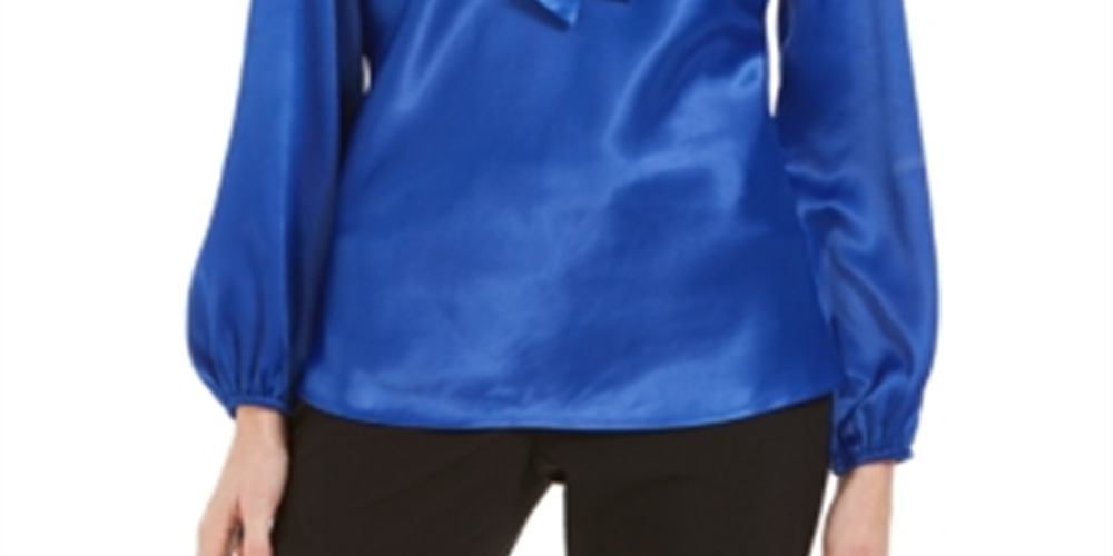 Kasper Women's Tie Neck Blouse Blue Size Petite X-Large