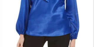 Kasper Women's Tie Neck Blouse Blue Size Petite X-Large