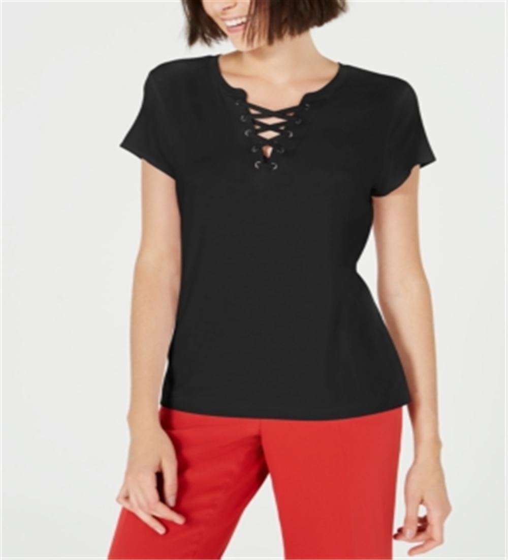 Bar III Women's Lace up Short Sleeve Blouse Black Size S