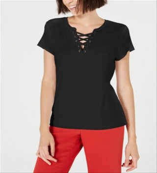 Bar III Women's Lace up Short Sleeve Blouse Black Size S