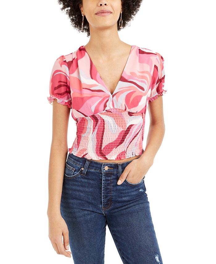 Bar III Women's Printed Smocked Top Pink Size 2XS
