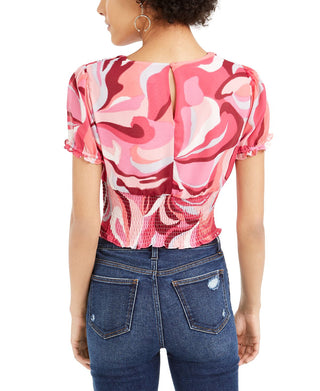 Bar III Women's Printed Smocked Top Pink Size 2XS
