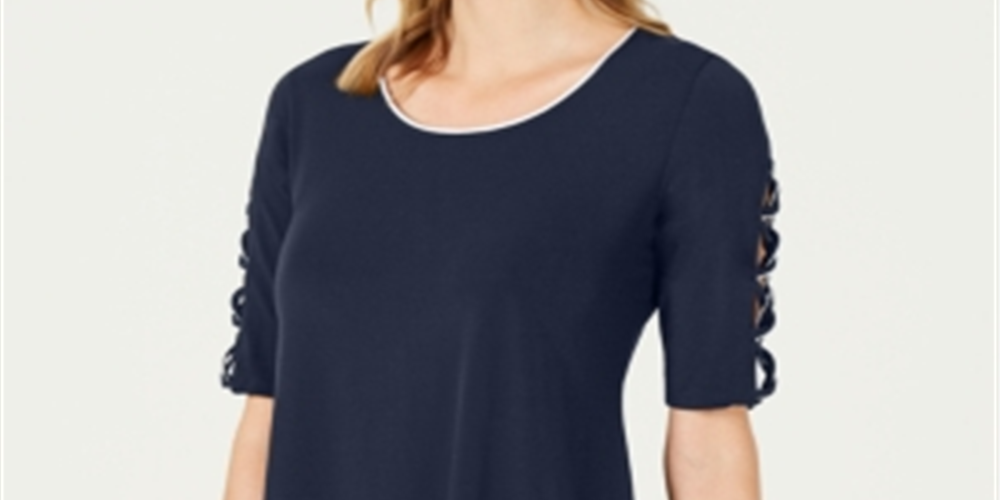 JM Collection Women's Braided Sleeve Tunic Blue Size Petite S