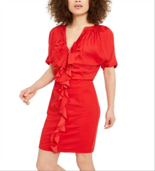 INC Women's Ruffled Ruched Dolman Sleeve V Neck Short Evening Body Con Dress Red Size 2XL