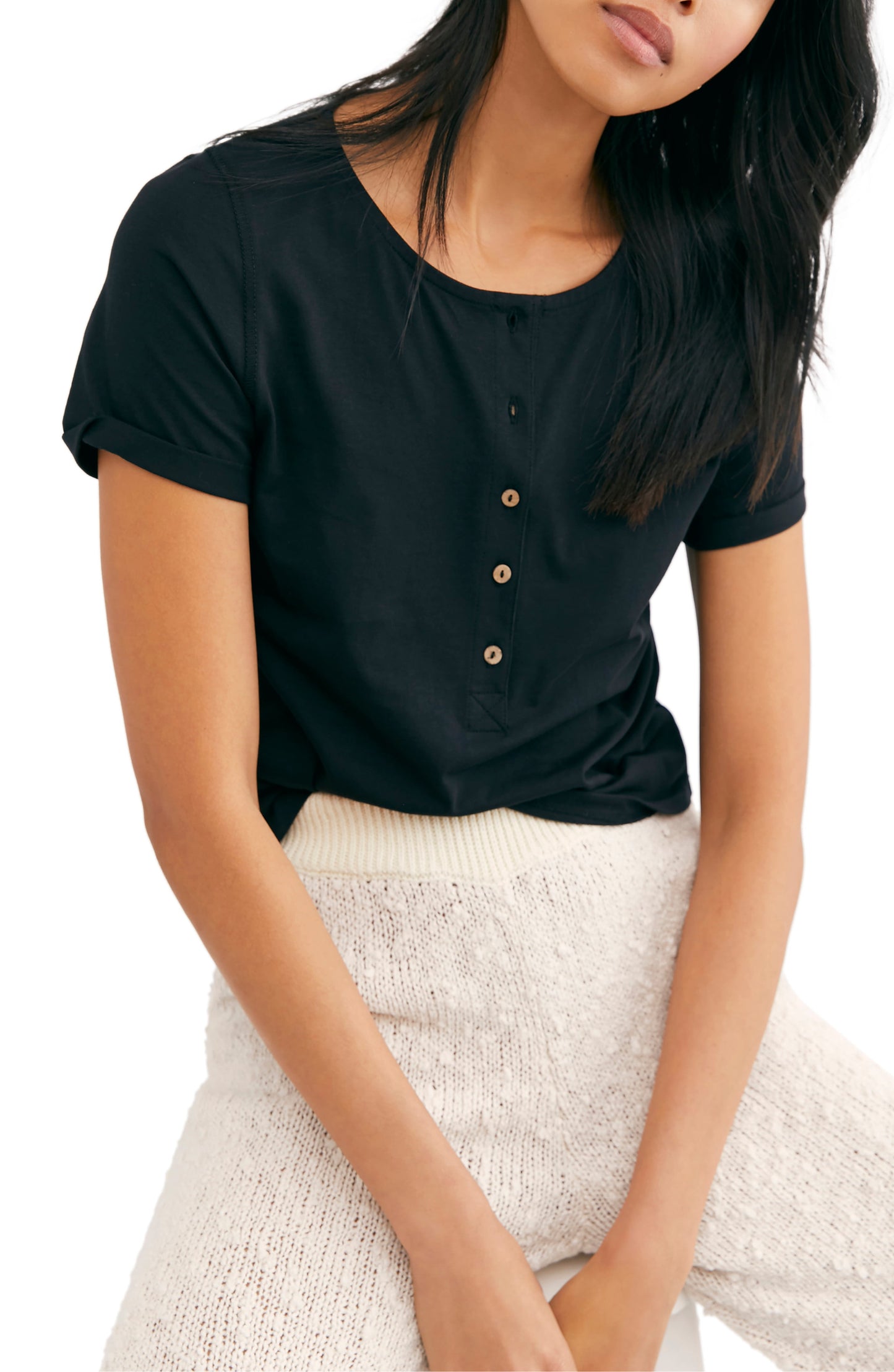 Free People Women's What's up Crop Boho Henley Top Black Size XS