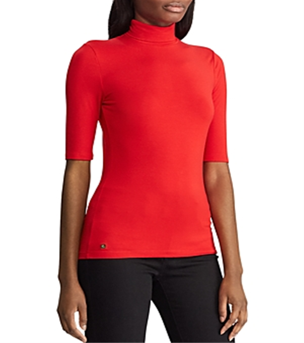 Ralph Lauren Women's Willa Jersey Elbow Sleeve Turtleneck Top Red Size Medium