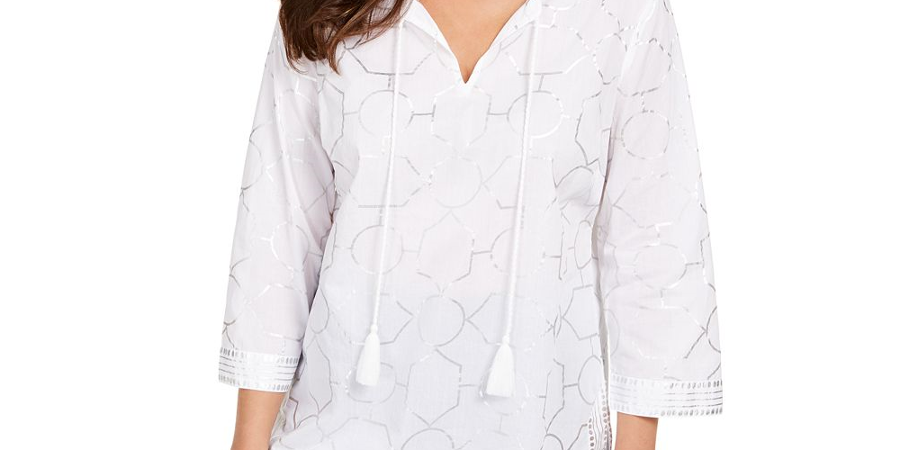 Charter Club Women's Foil Print Linen Top White Size L