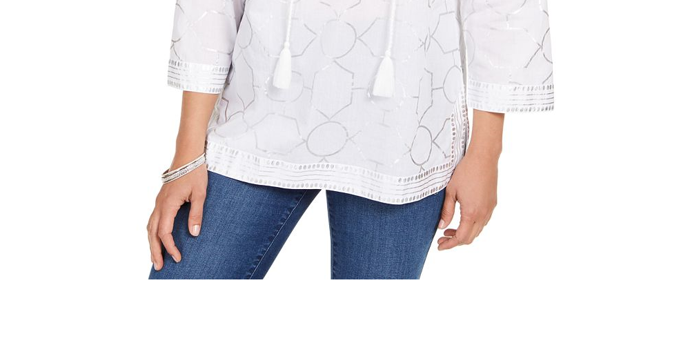 Charter Club Women's Foil Print Linen Top White Size L