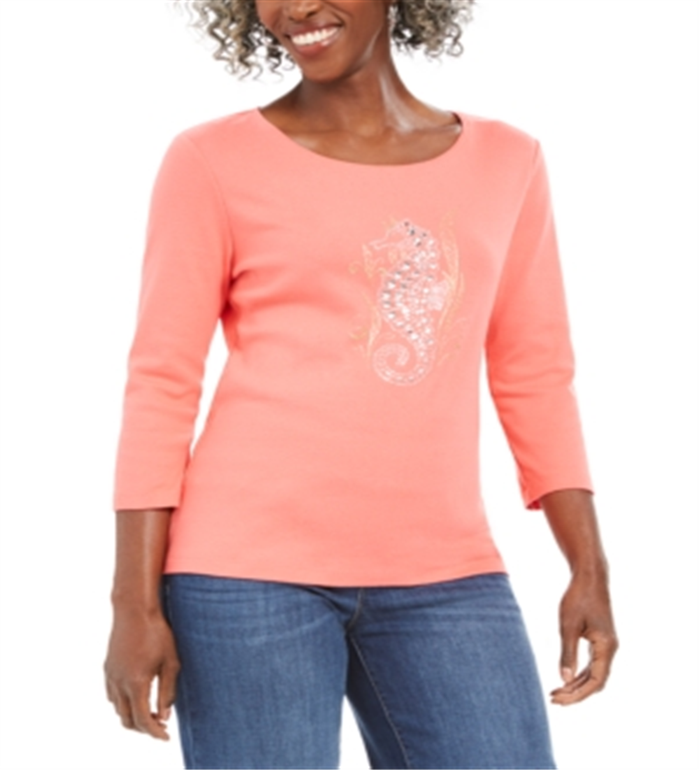 Karen Scott Women's Cotton Embellished Seahorse Top Orange Size -Petite XL