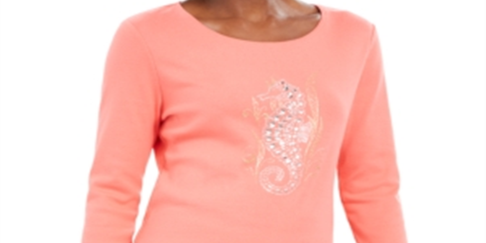 Karen Scott Women's Cotton Embellished Seahorse Top Orange Size -Petite XL