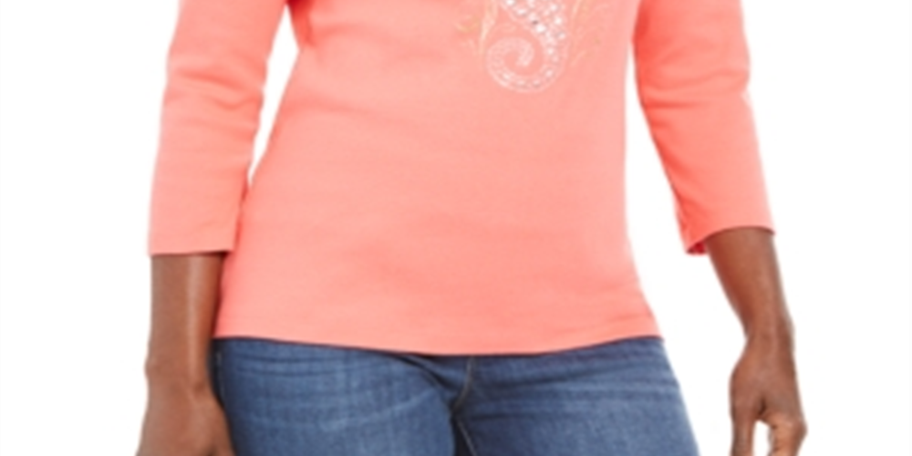 Karen Scott Women's Cotton Embellished Seahorse Top Orange Size -Petite XL