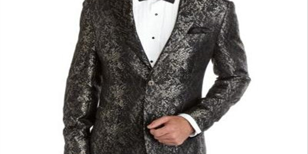 Mens Suit Jacket Jacquard Slim-Fit Two-Button Black  46