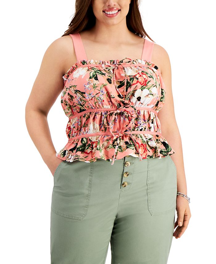 INC International Concepts Women's Floral Print Ruched Tie Front Tank Top Orange Size 2X