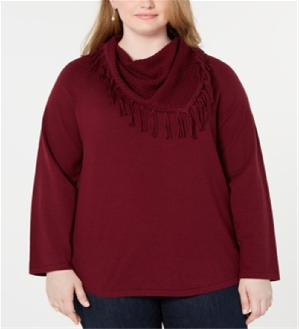 Style & Co Women's Fringed Cowl Neck Sweater Red Size 2X