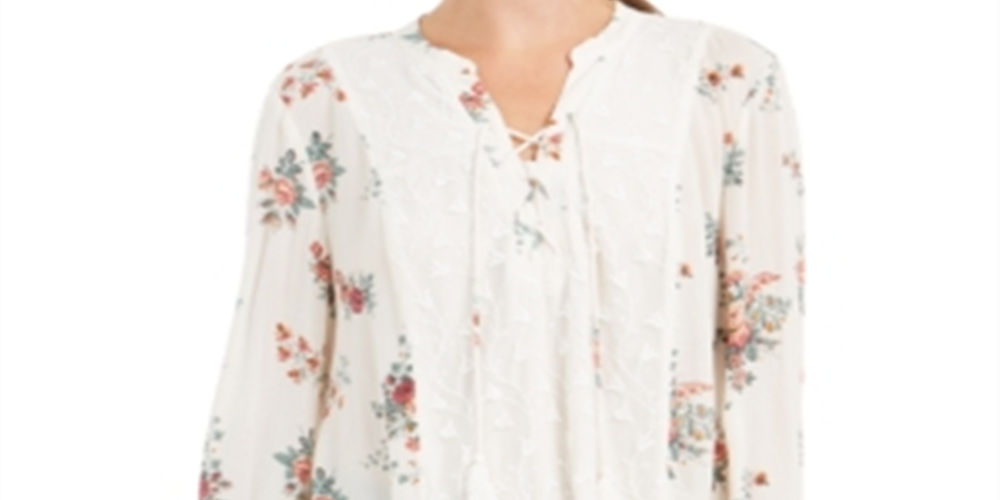 Style & Co Women's Floral Lace up Top White Size Large