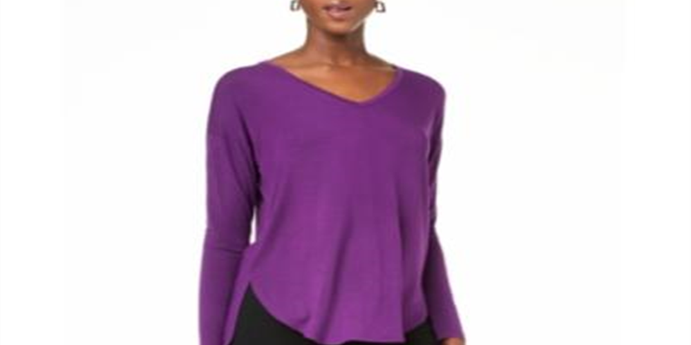 INC International Concepts V-Neck Curved-Hem T-Shirt Purple Paradise M
